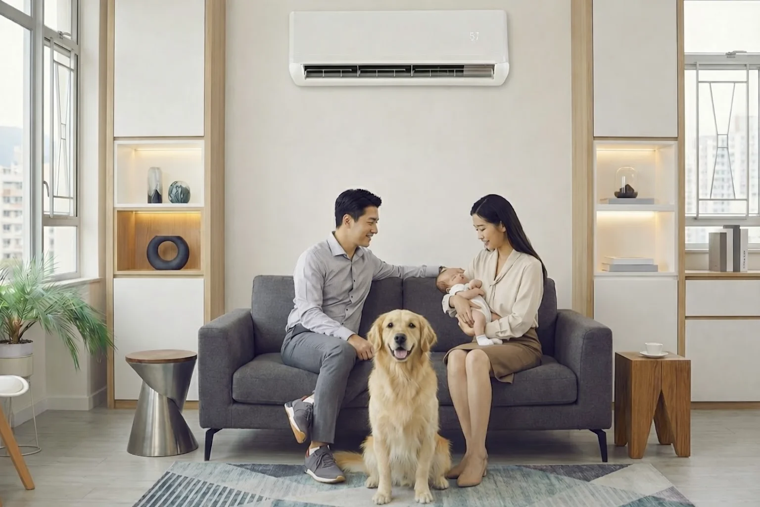 A family and dog enjoying fresh air after AC cleaning